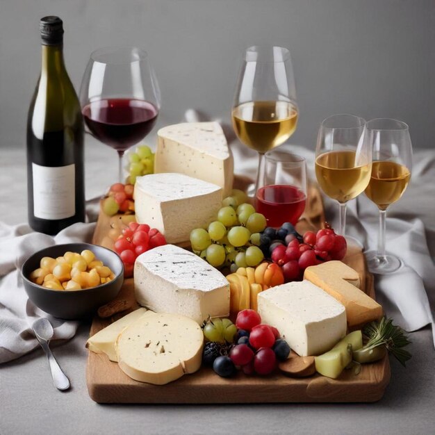 Photo a tray of cheese wine cheese and wine glasses on a table