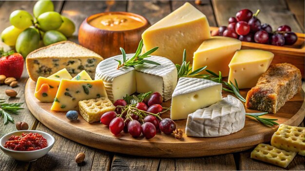 a tray of cheeses cheese and cheeses are on a wooden table