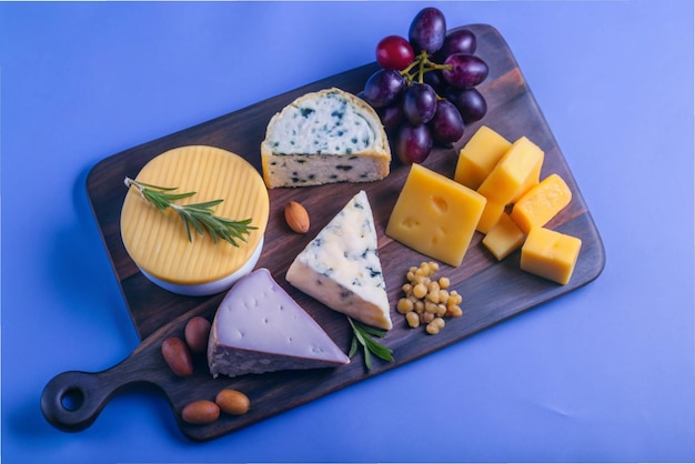 Photo a tray of cheeses cheese and grapes on a blue background