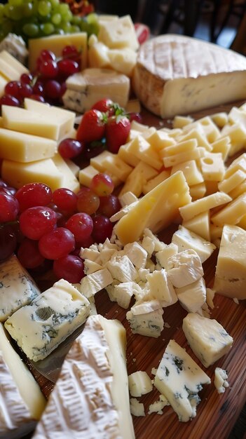 a tray of cheeses including cheese grapes and cheese