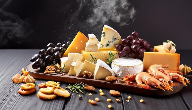 Photo a tray of cheeses with a black background with a smoke coming out of it