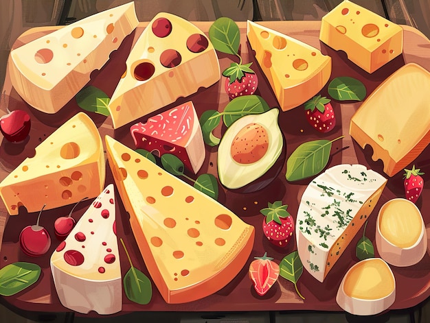 Photo a tray of cheeses with different types of cheeses and cheese