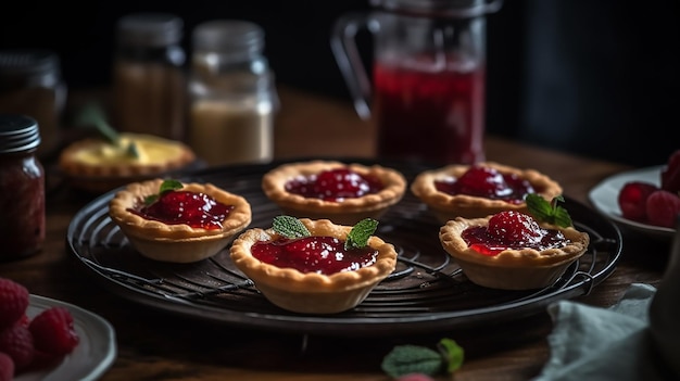 Photo a tray of cherry tarts with a drink in the background