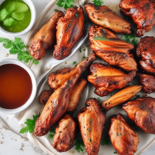 Photo a tray of chicken wings with ketchup and ketchup