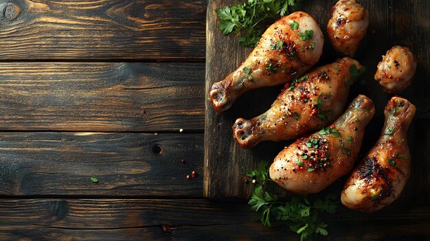 Photo a tray of chicken with herbs and herbs on a wooden table