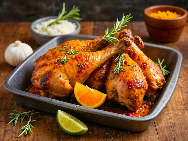 Photo a tray of chicken with a lemon and a lemon wedge on it