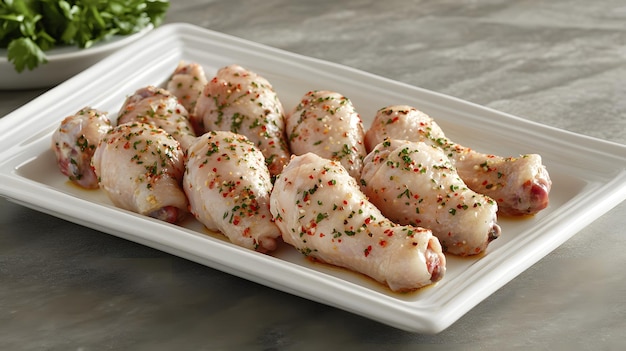 a tray of chicken with spices and herbs on it