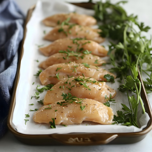 a tray of chicken with the word  on it