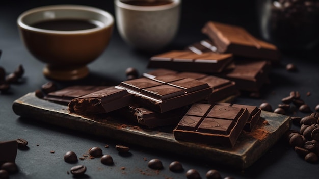 A tray of chocolate bars with coffee beans on it