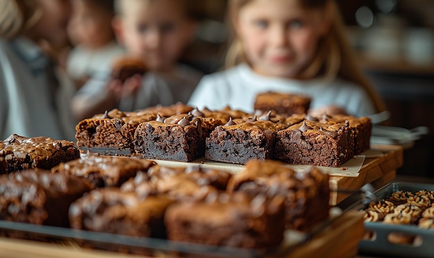 Photo a tray of chocolate cake with chocolate and chocolate on it