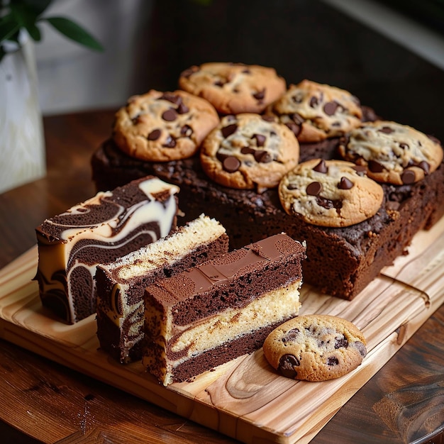 a tray of chocolate and chocolate cookies with chocolate frosting and chocolate chip cookies