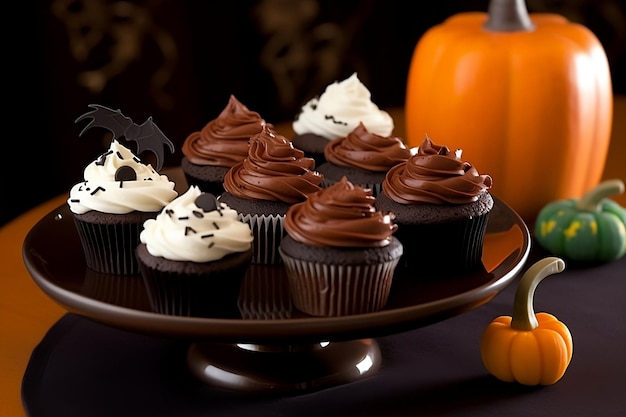 A tray of chocolate cupcakes with a pumpkin in the background.