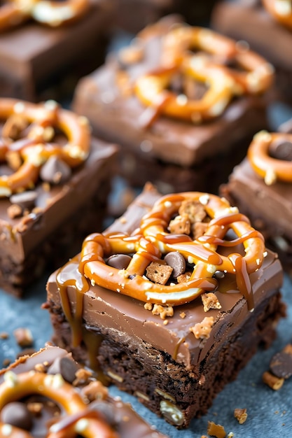 a tray of chocolate desserts with caramel and caramel toppings