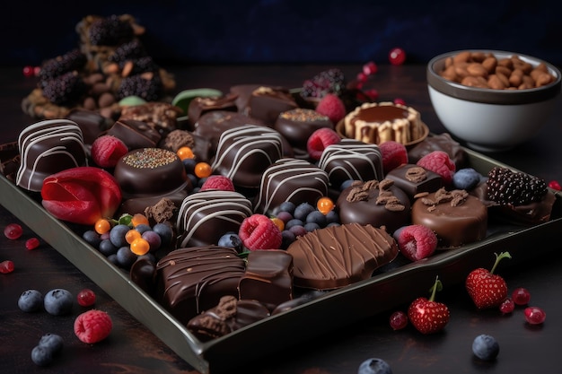 Tray of chocolatecovered nuts and berries for delicious treat created with generative ai