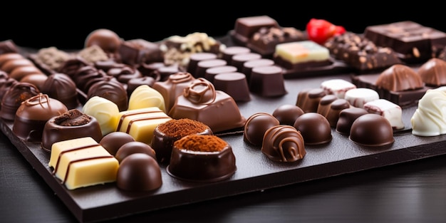 A tray of chocolates including one that says chocolates.