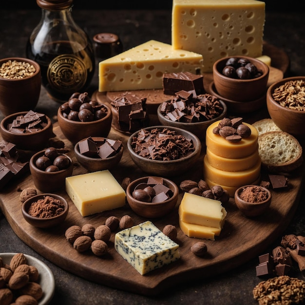 a tray of chocolates and some cheese and some other items