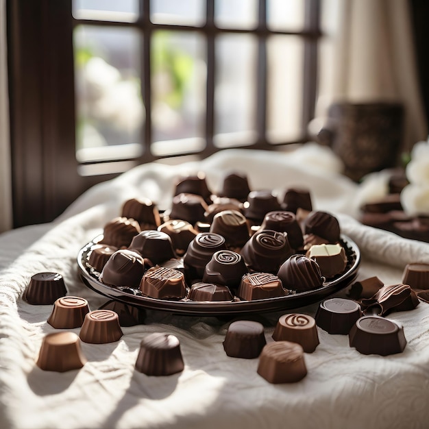 a tray of chocolates on a white blanket