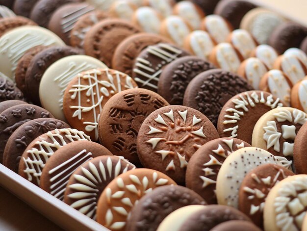 Photo a tray of chocolates with a flower design on the bottom.