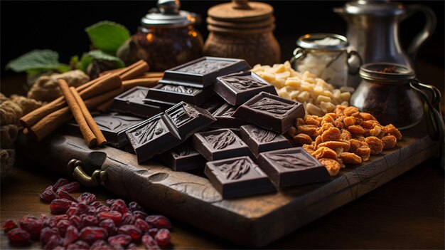 Photo a tray of chocolates with a jar of nuts on it