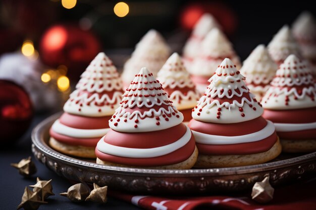 a tray of christmas cookies with a christmas tree in the background