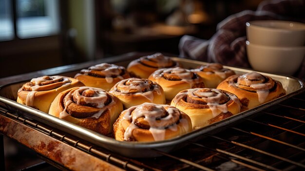 A tray of cinnamon rolls fresh out of the oven waiting to be frosted placed on an antique table