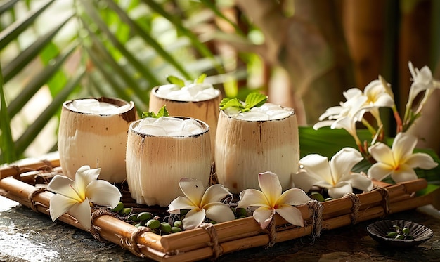 a tray of coconuts with a bamboo basket and flowers