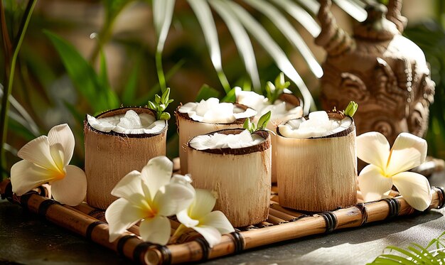 a tray of coconuts with a coconut on it