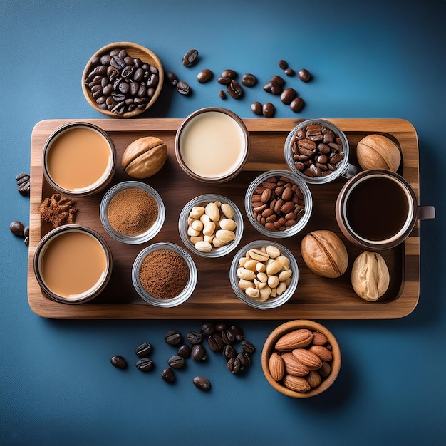 a tray of coffee cups and coffee beans on a table