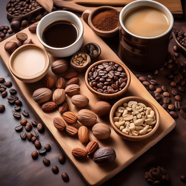 a tray of coffee cups and coffee beans on a table