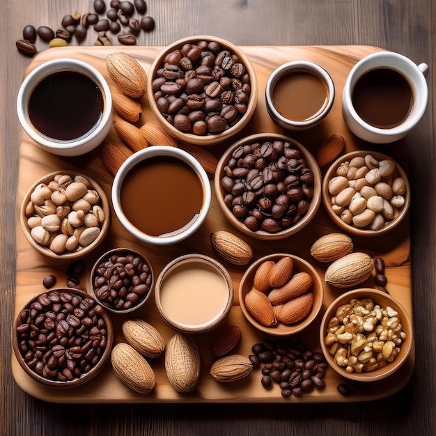 Photo a tray of coffee cups and coffee beans on a table