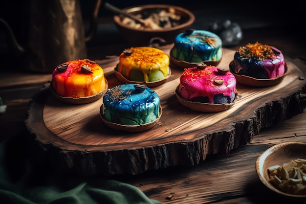 A tray of colorful cakes with a dark background.