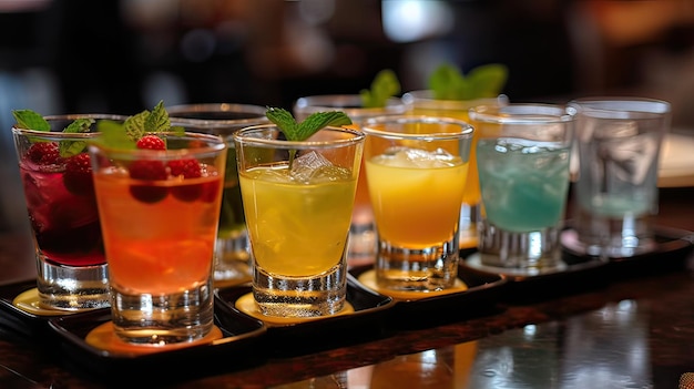 A tray of colorful cocktails on a bar