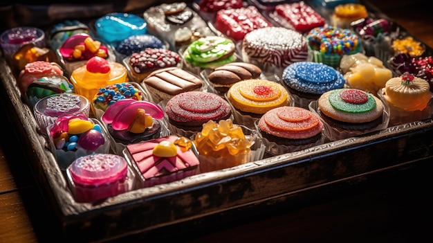 Photo a tray of colorful cupcakes with a little girl on the top