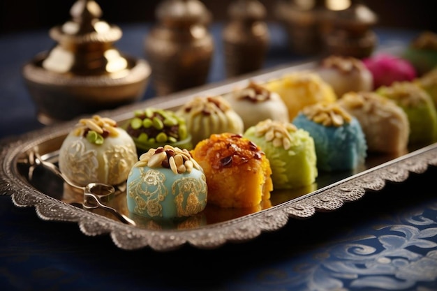 a tray of colorful desserts with a silver plate with a blue and white tablecloth