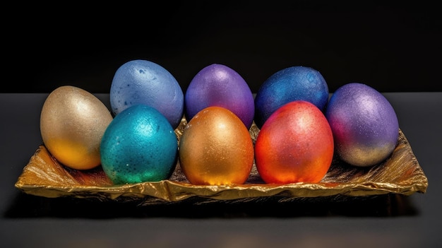 A tray of colorful easter eggs with the word easter on the bottom.