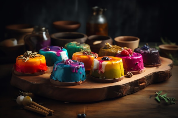 A tray of colorful jello cakes with cinnamon sticks on the side.