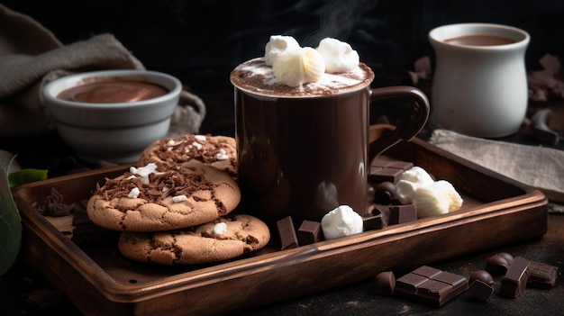 A tray of cookies and a mug of hot chocolate