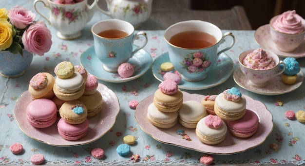 Photo a tray of cookies with blue and pink flowers and cookies on it