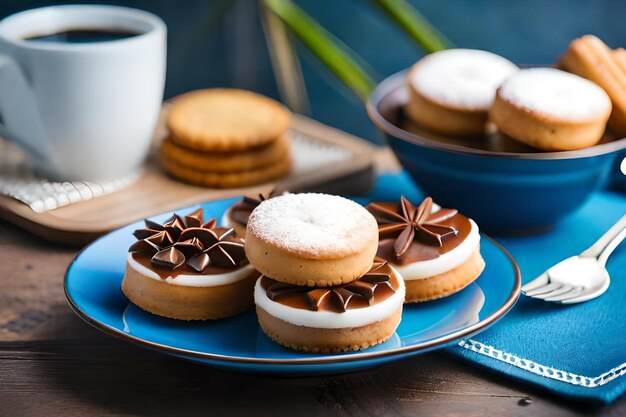 a tray of cookies with a cup of coffee and a cup of coffee.