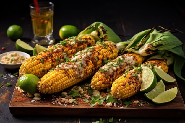 a tray of corn with limes and limes