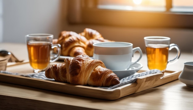 A tray of croissants and coffee on a table