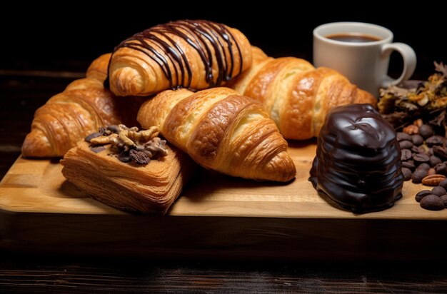 Photo a tray of croissants and a cup of coffee