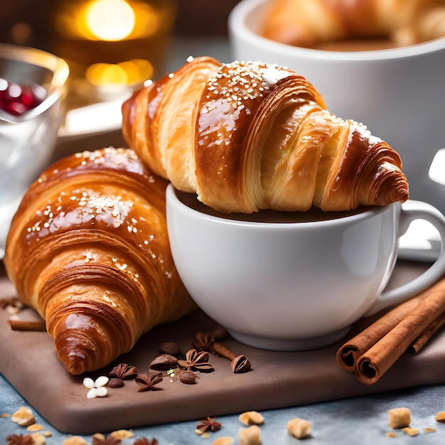 a tray of croissants with cinnamon sticks