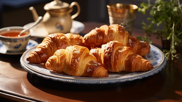 A tray of croissants with a gold plate on it