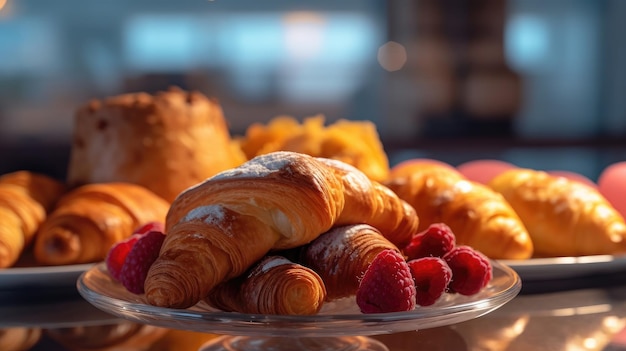 a tray of croissants with raspberries and croissants.