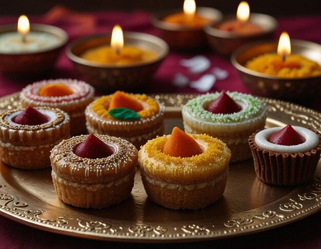 a tray of cupcakes with a candle in the middle