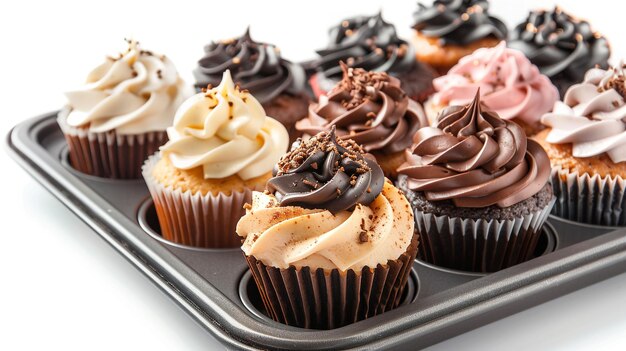 a tray of cupcakes with chocolate frosting and chocolate frosting