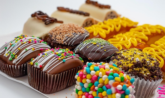 Photo a tray of cupcakes with chocolate frosting and sprinkles on it