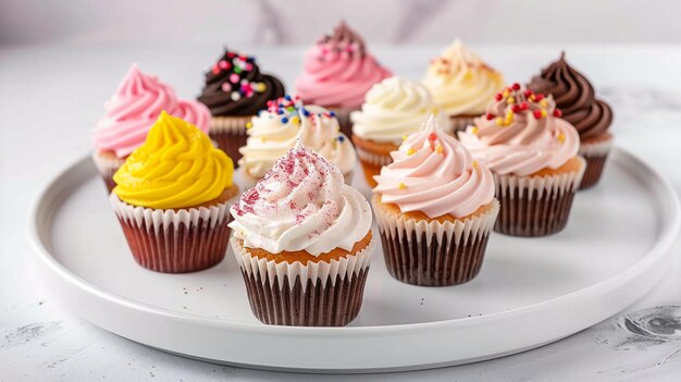 a tray of cupcakes with colorful frosting and sprinkles on them