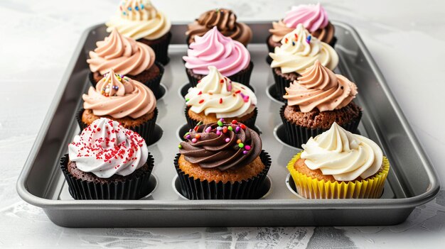 a tray of cupcakes with different colored frosting and sprinkles